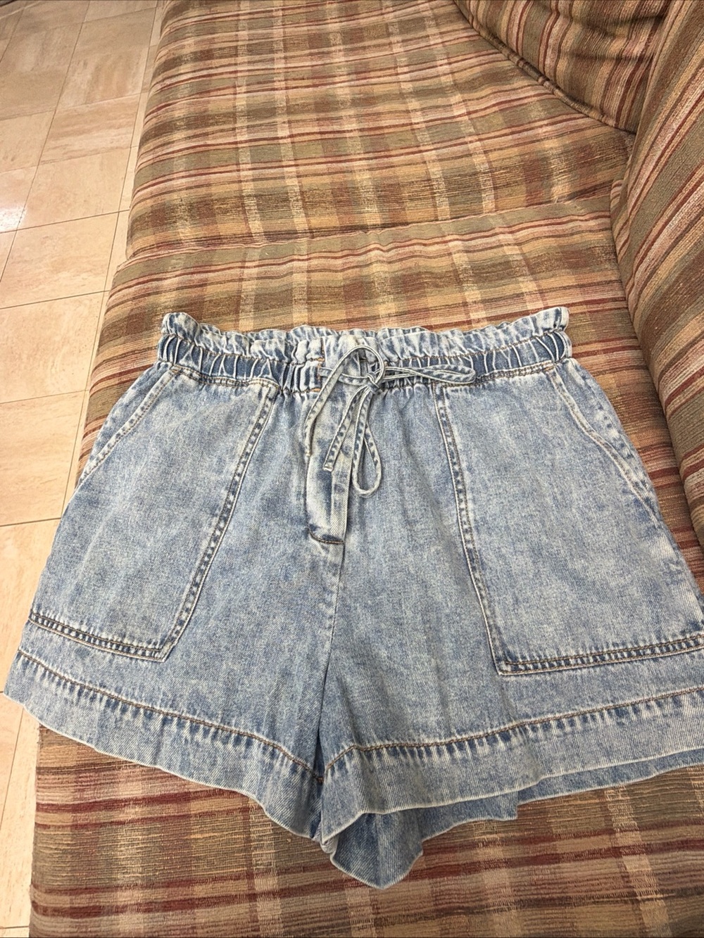 Rails Light Blue Washed Denim Paperbag-Waist Shorts